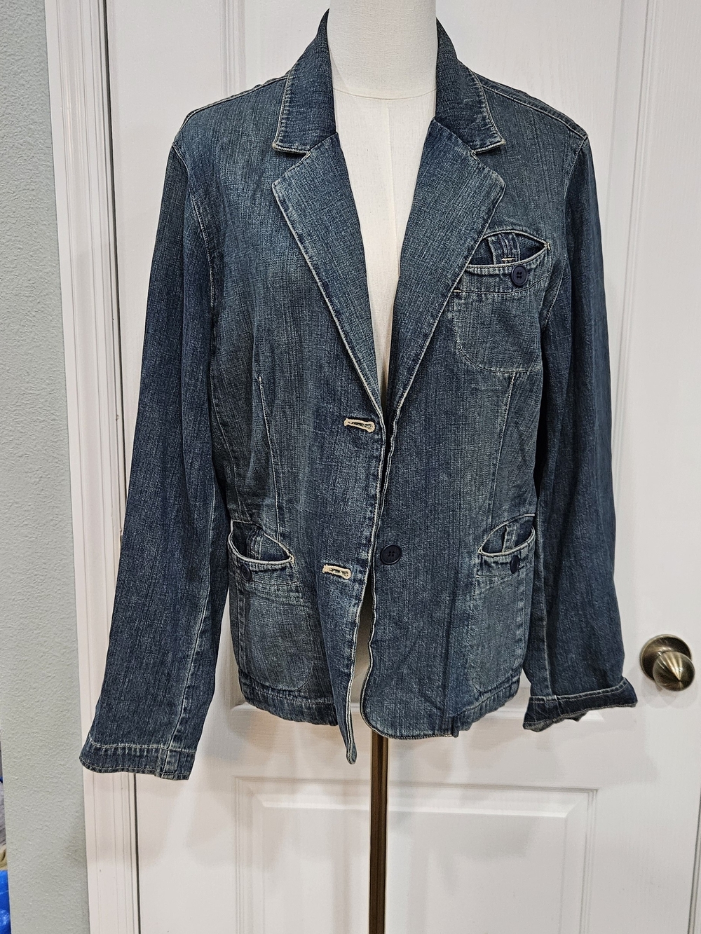 Jones New York Distressed Denim Blazer Jacket - Blue